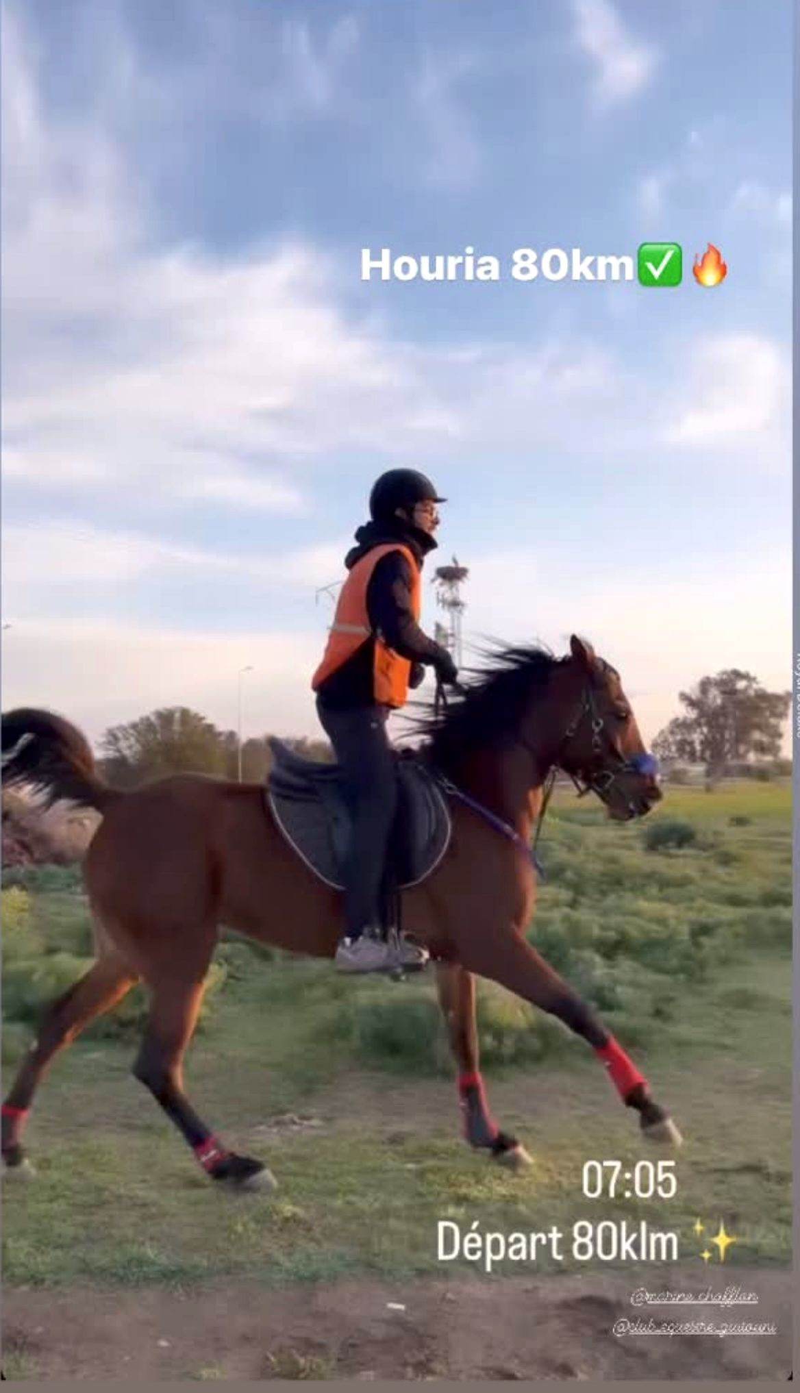 Amine Regaieg à cheval sur un bai au trot de travail dans l’herbe, à la lumière du petit matin, en gilet haute visibilité. Les mentions « Houria 80km » et « 07:05 Départ 80klm » proviennent de la publication d’origine.